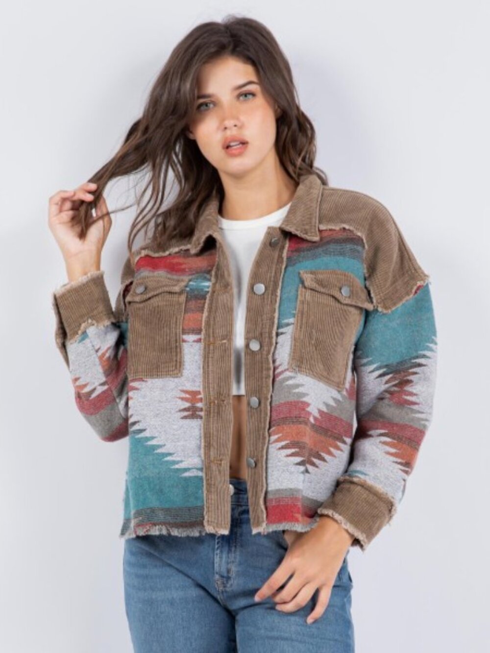 Aztec Printed Shacket With Corduroy Trim, Frayed Edges Two Front Pockets Small